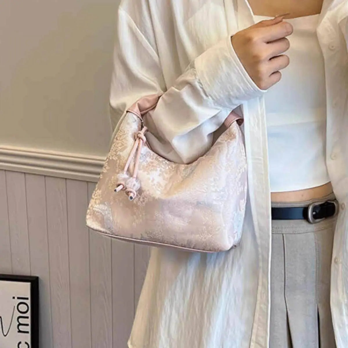 Pink Song Brocade Dumpling Bag with Embroidered Ball Charm – A Symbol of Wealth and Good Fortune