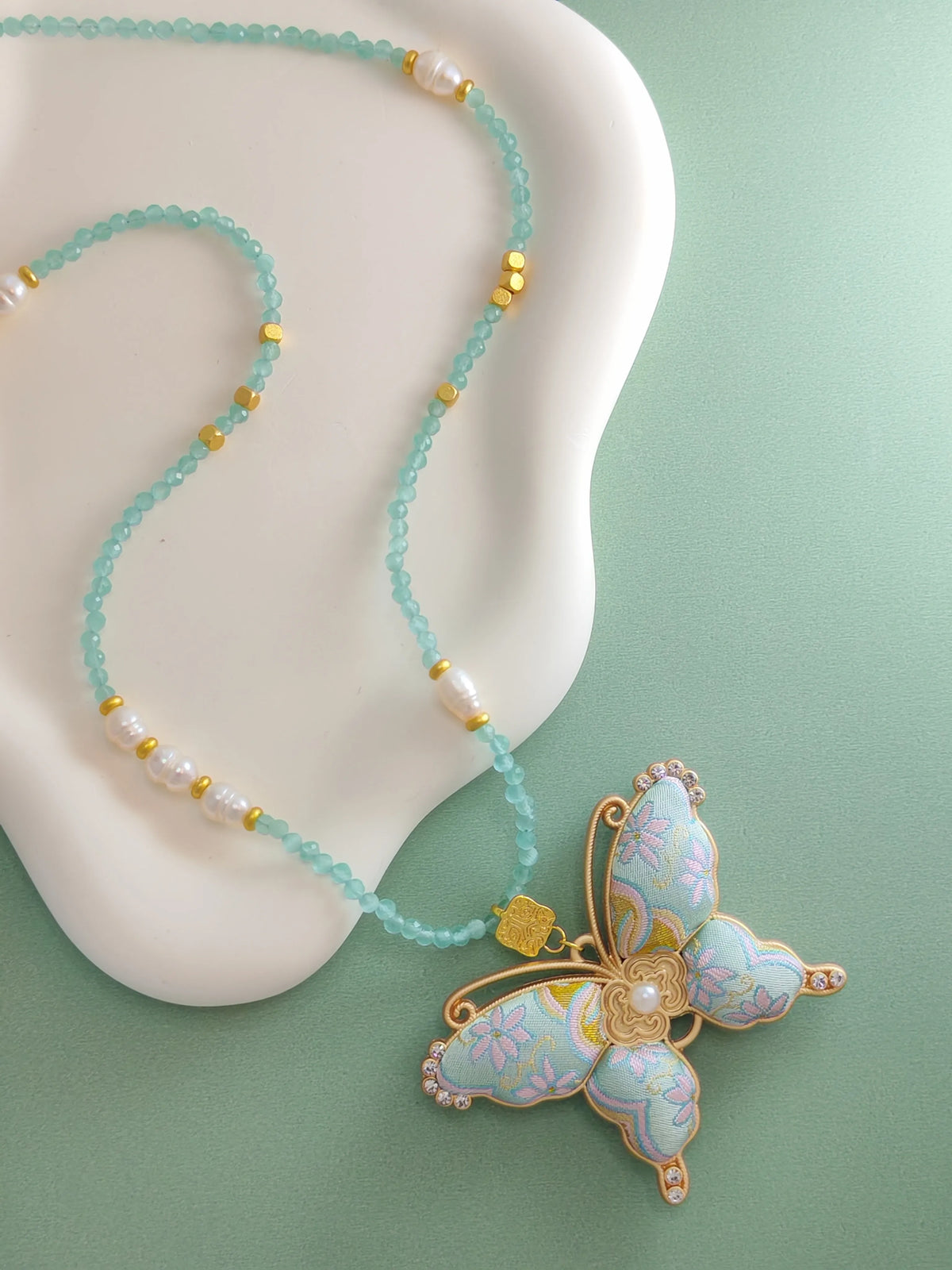 Gilded Butterfly Necklace – Handcrafted Brocade Wings, a Symbol of Transformation and Good Luck
