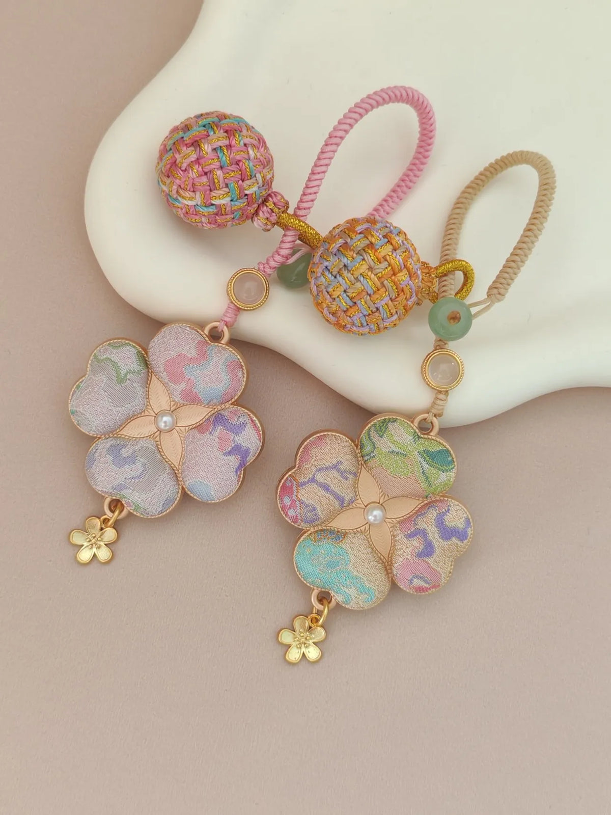 Four-Leaf Clover Brocade Bag Charm – Handcrafted Luck in Every Color