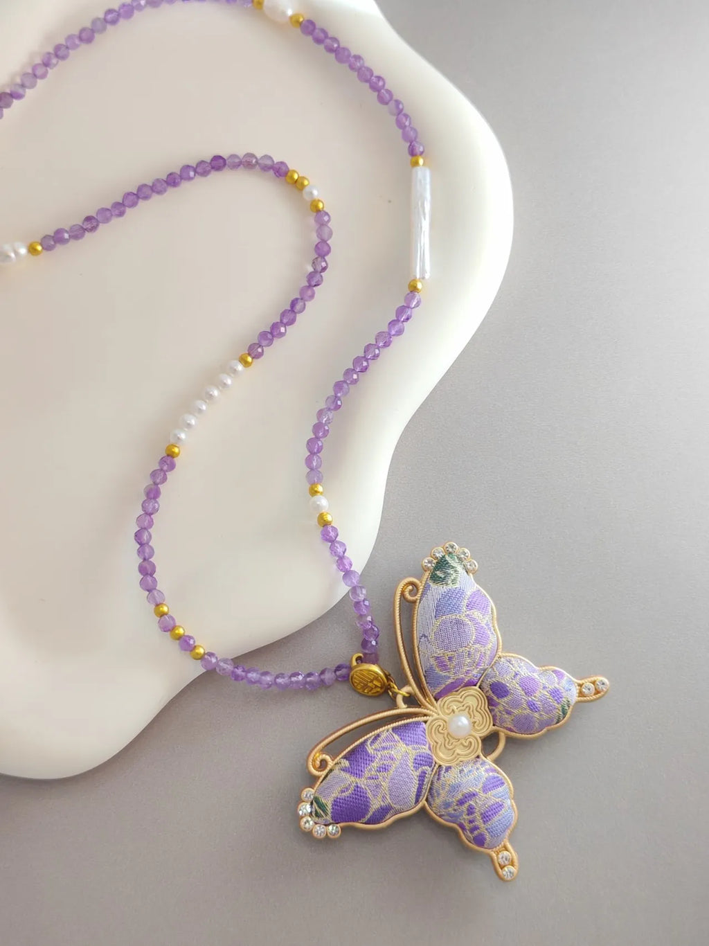 Gilded Butterfly Necklace – Handcrafted Brocade Wings, a Symbol of Transformation and Good Luck