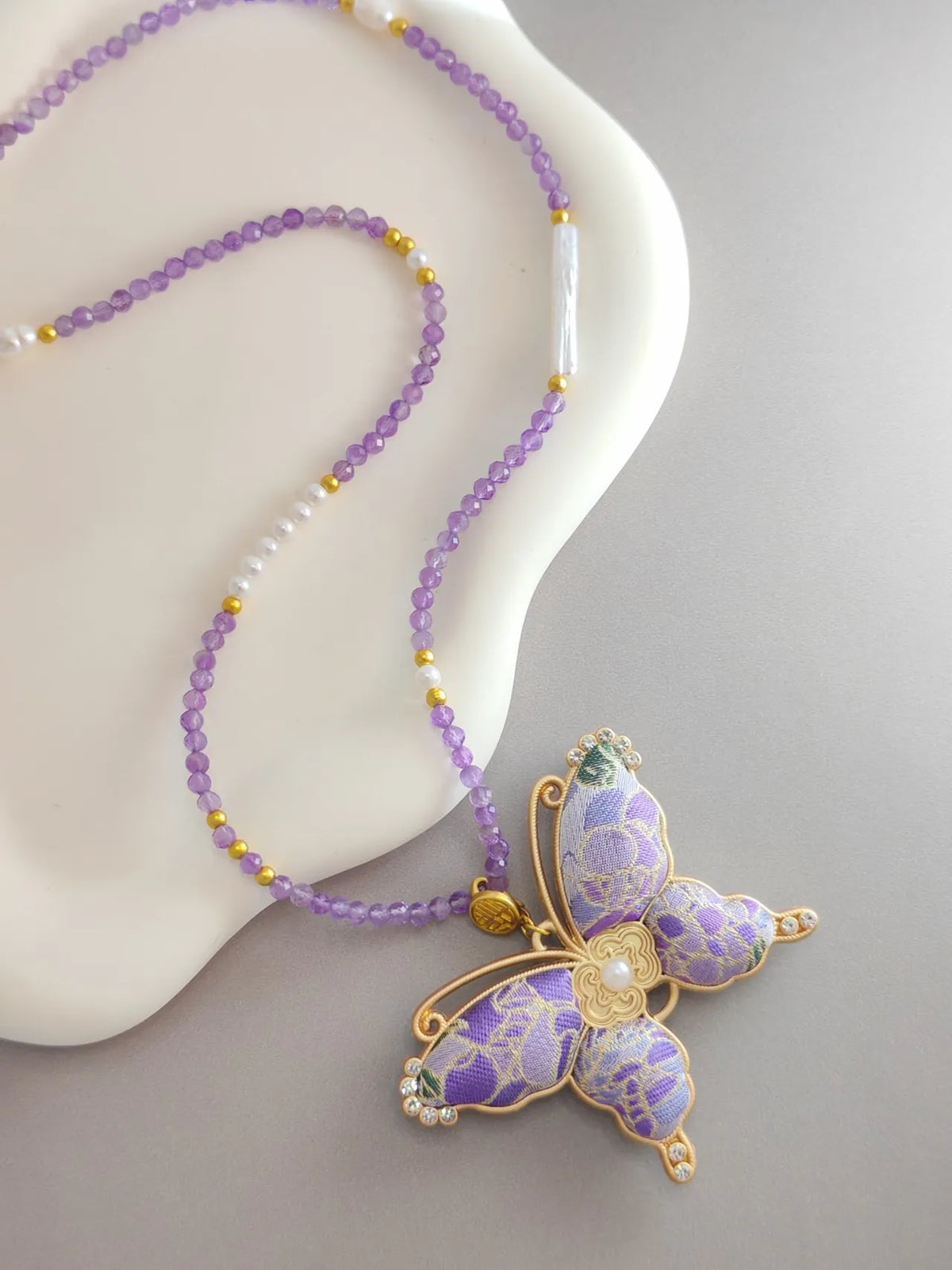 Gilded Butterfly Necklace – Handcrafted Brocade Wings, a Symbol of Transformation and Good Luck