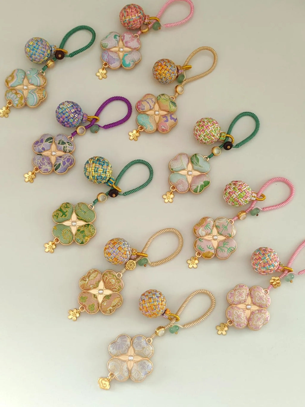 Four-Leaf Clover Brocade Bag Charm – Handcrafted Luck in Every Color