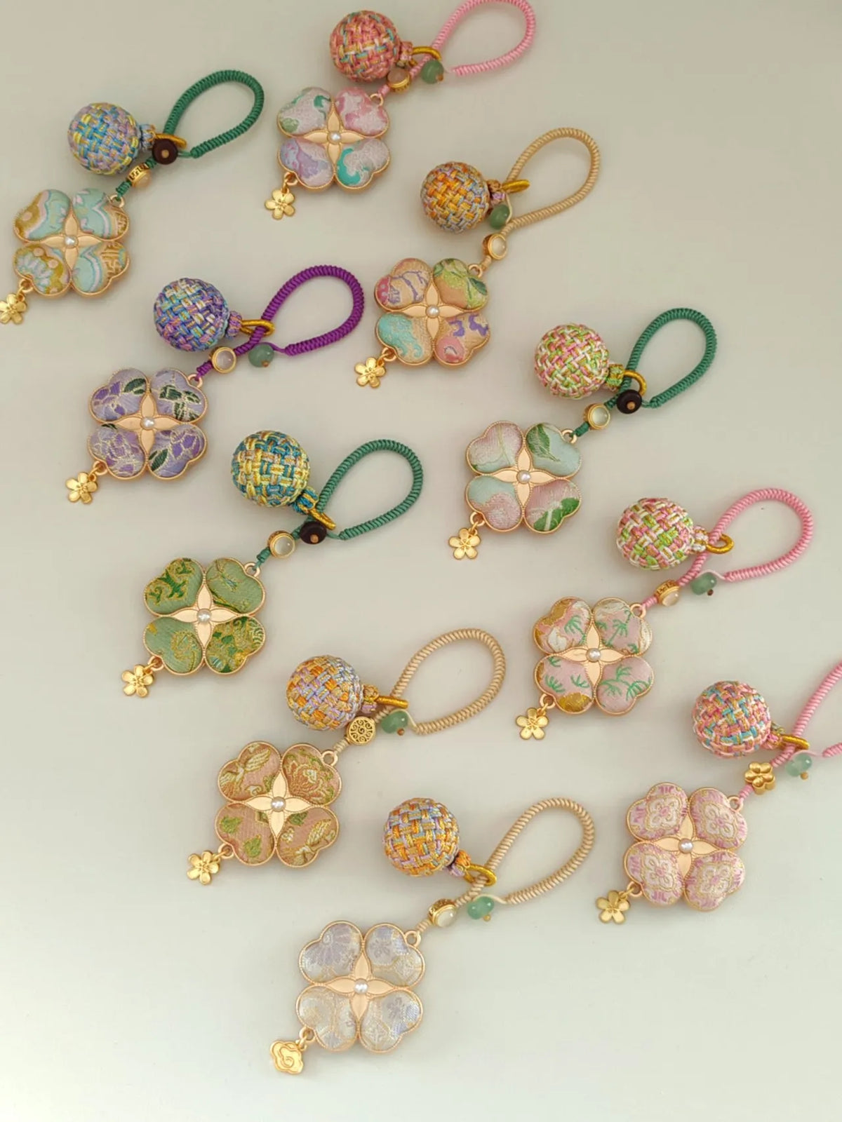 Four-Leaf Clover Brocade Bag Charm – Handcrafted Luck in Every Color