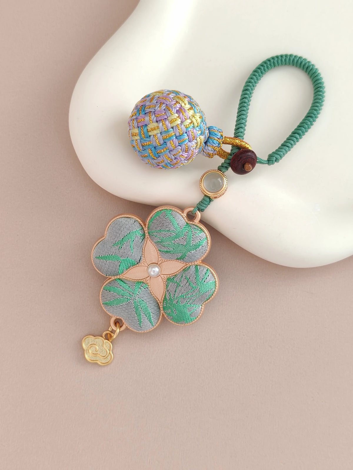 Four-Leaf Clover Brocade Bag Charm – Handcrafted Luck in Every Color