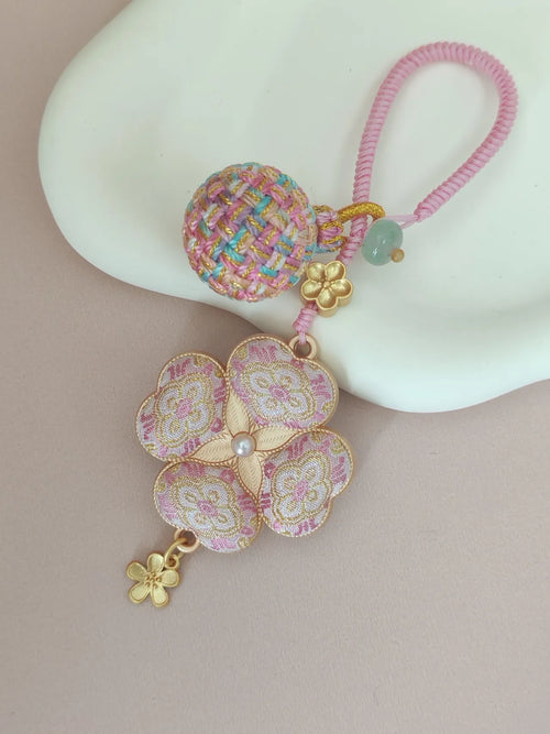 Four-Leaf Clover Brocade Bag Charm – Handcrafted Luck in Every Color