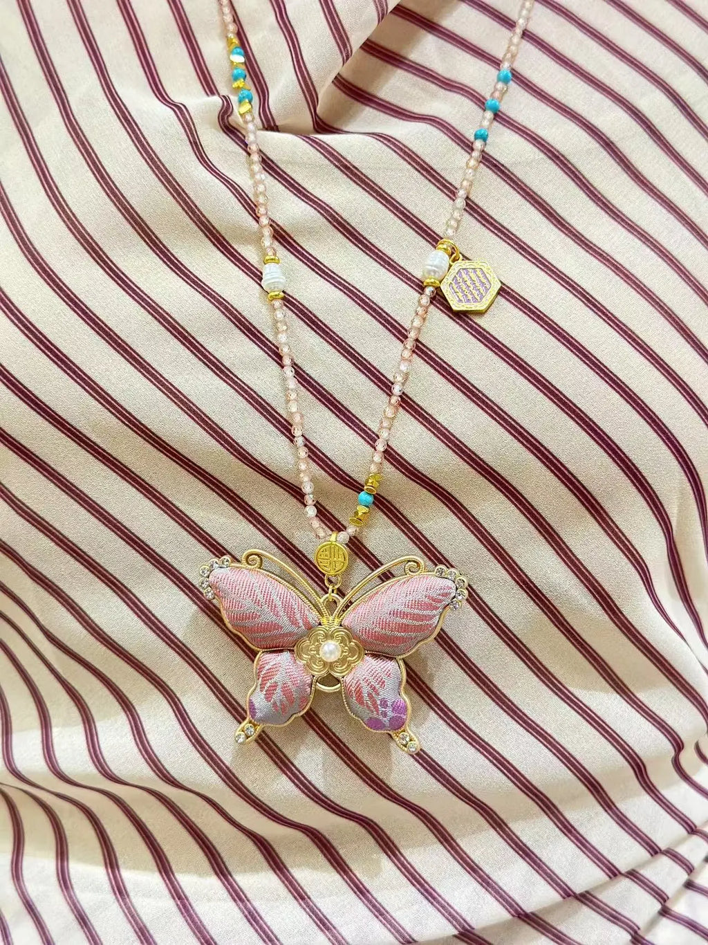Gilded Butterfly Necklace – Handcrafted Brocade Wings, a Symbol of Transformation and Good Luck