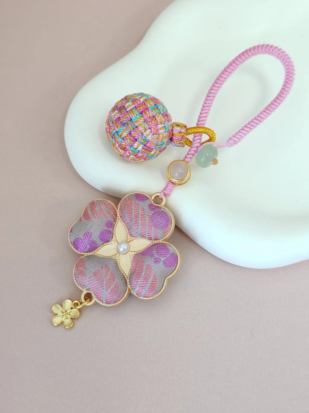Four-Leaf Clover Brocade Bag Charm – Handcrafted Luck in Every Color