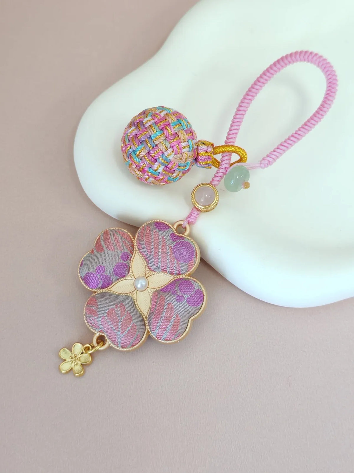 Four-Leaf Clover Brocade Bag Charm – Handcrafted Luck in Every Color