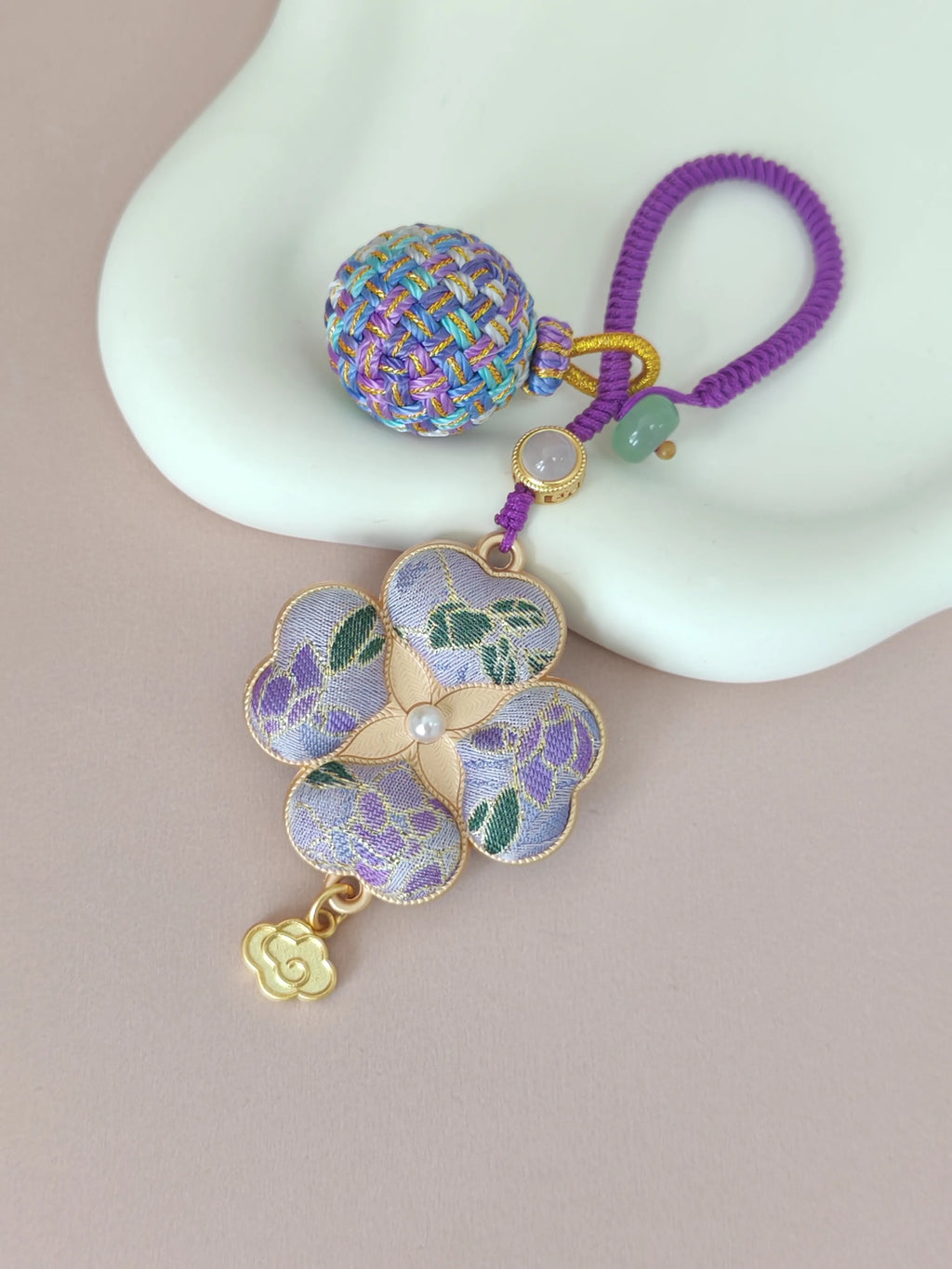 Four-Leaf Clover Brocade Bag Charm – Handcrafted Luck in Every Color