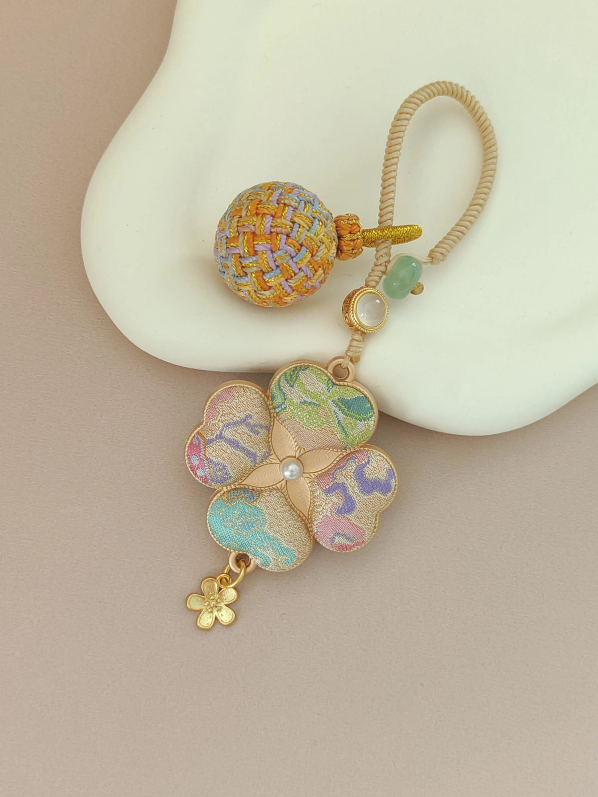 Four-Leaf Clover Brocade Bag Charm – Handcrafted Luck in Every Color