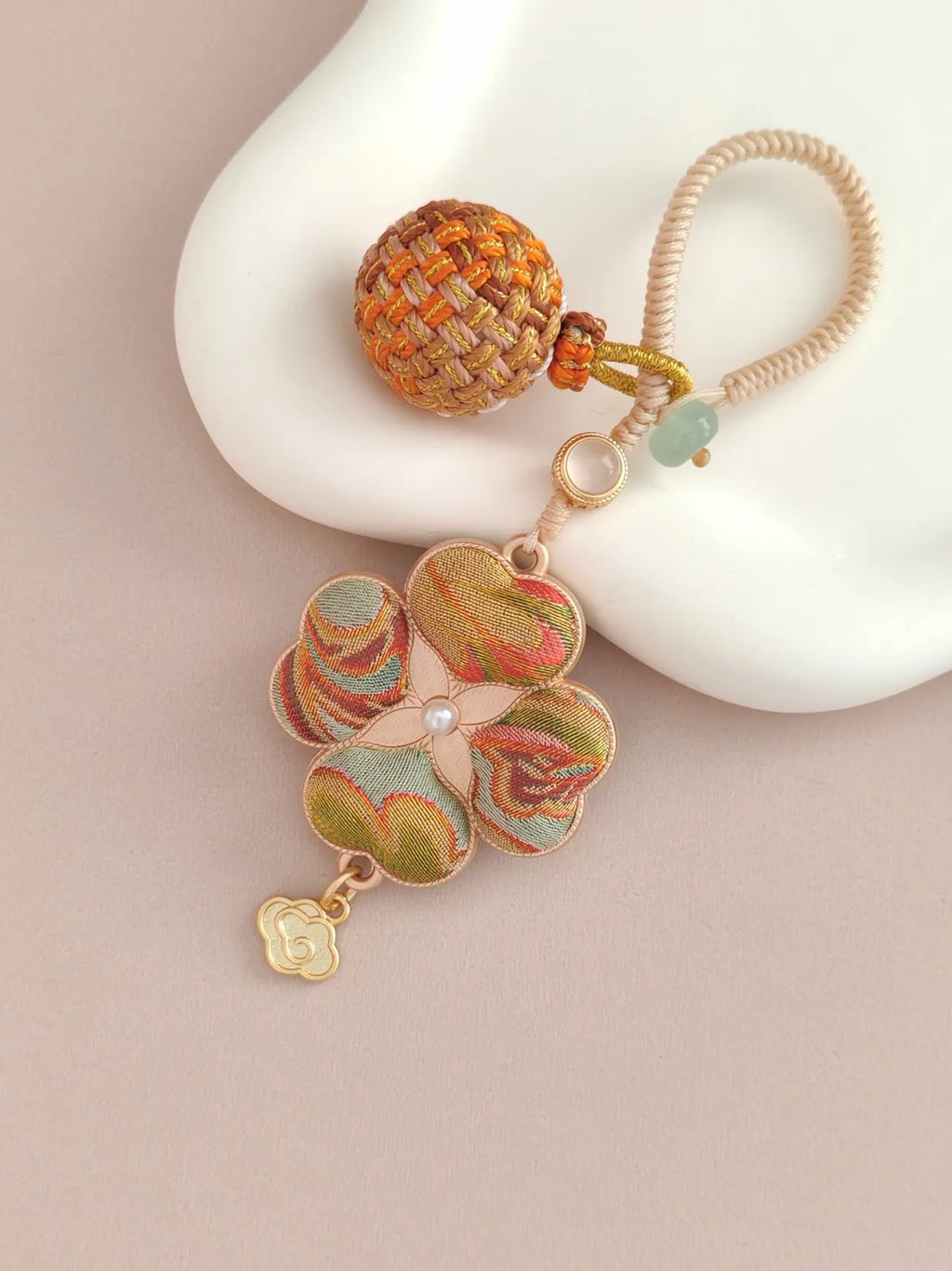 Four-Leaf Clover Brocade Bag Charm – Handcrafted Luck in Every Color