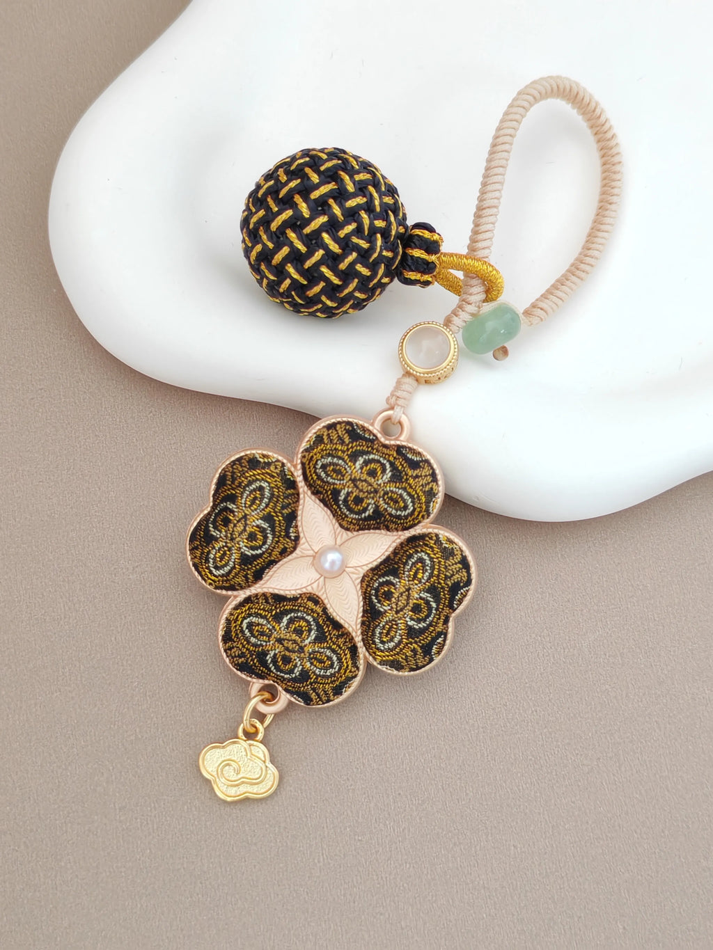 Four-Leaf Clover Brocade Bag Charm – Handcrafted Luck in Every Color