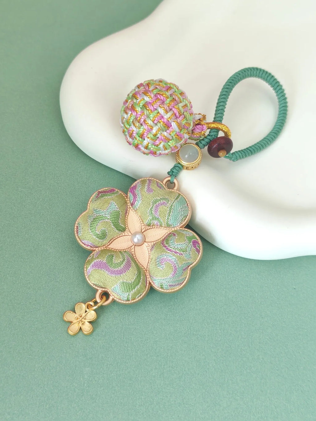 Four-Leaf Clover Brocade Bag Charm – Handcrafted Luck in Every Color