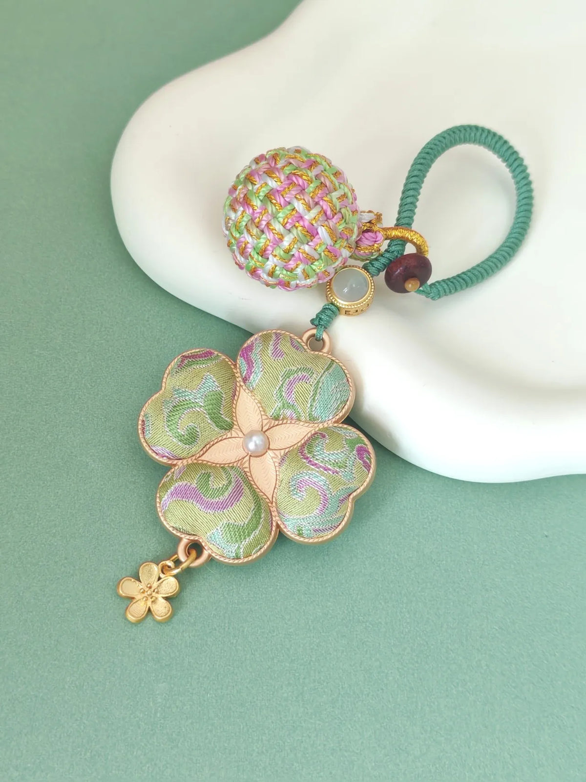 Four-Leaf Clover Brocade Bag Charm – Handcrafted Luck in Every Color