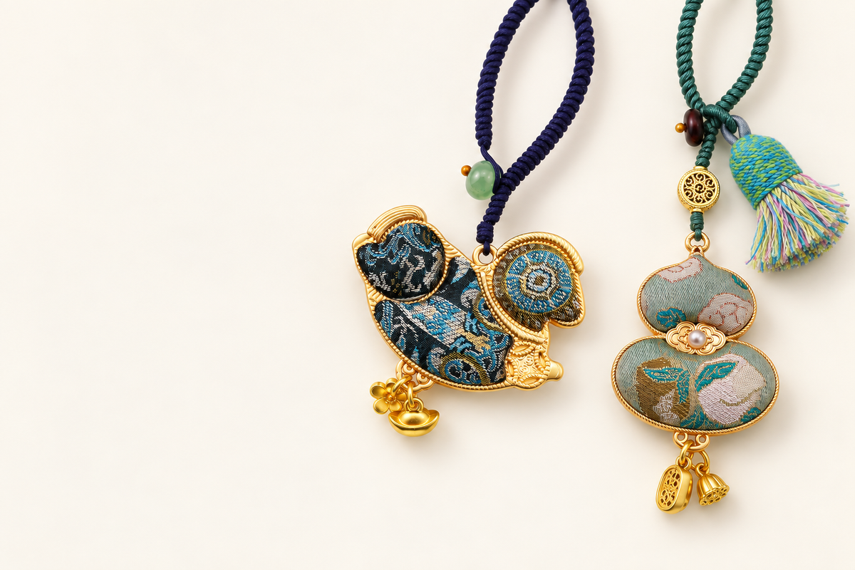 ORIKNOT blue-and-gold horse and soft green gourd brocade bag charms on an ivory background.